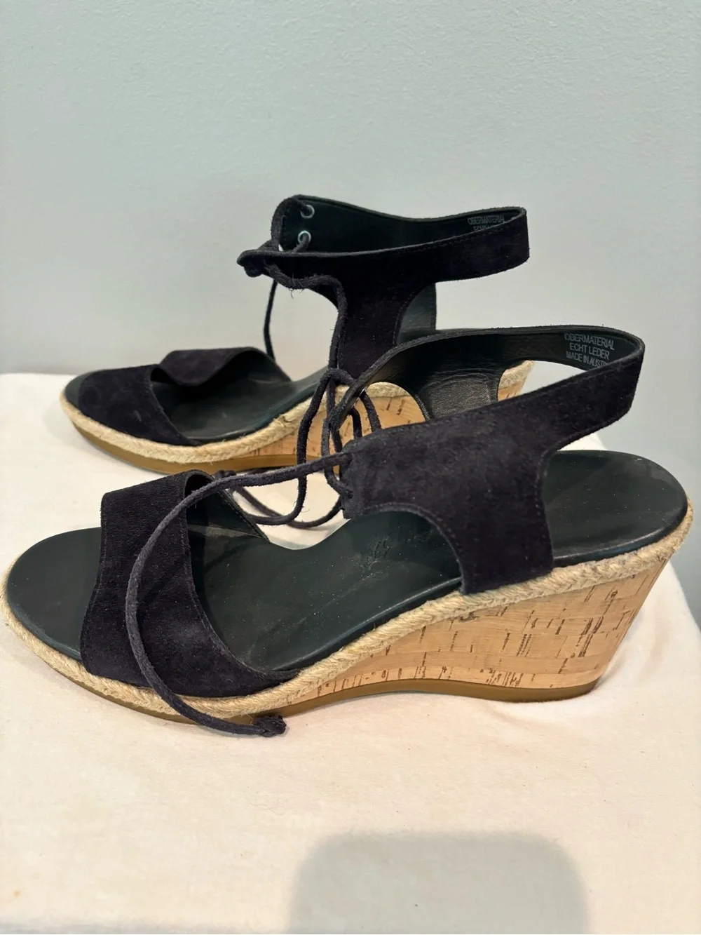 Paul Green Black Suede Cork Espadrille Wedge Sandals